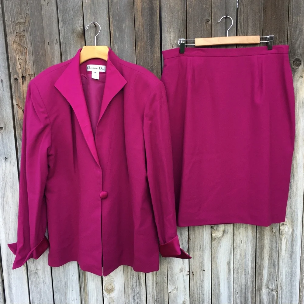 Christian Dior Vintage Jacket Skirt Suit Wool Pink 18